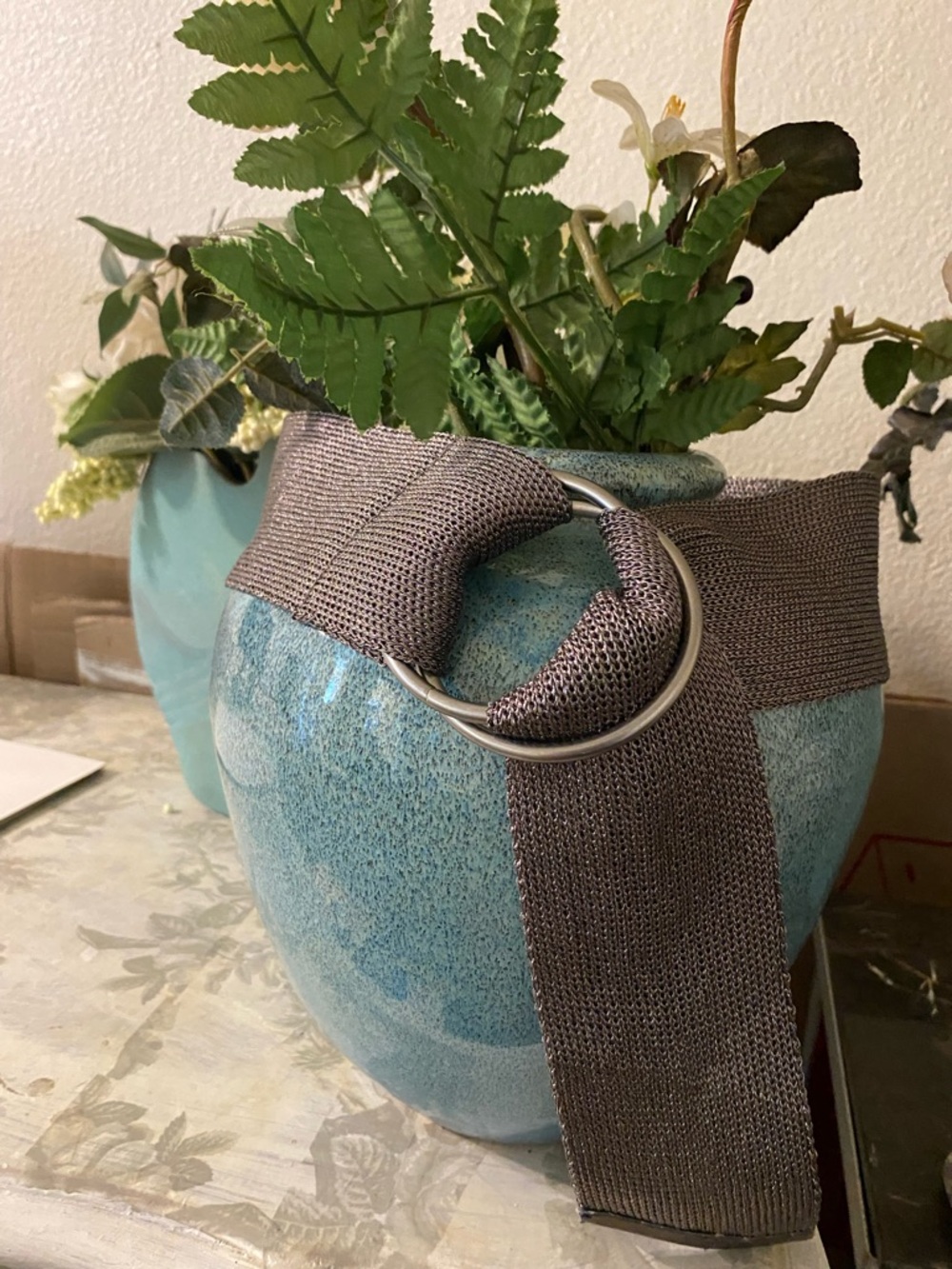 Metallic  fabric Gray Woven O-Ring Belt